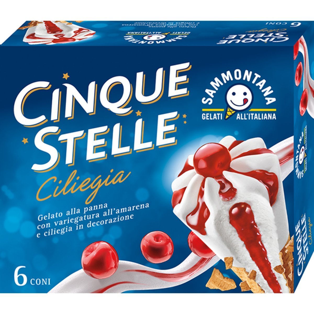 SAMMONTANA Cono Gelato 5 stelle alla ciliegia 450 GR 6 pezzi. Basko